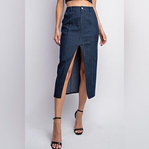 Denim Stripe Midi Length Cargo Skirt Dk Wash